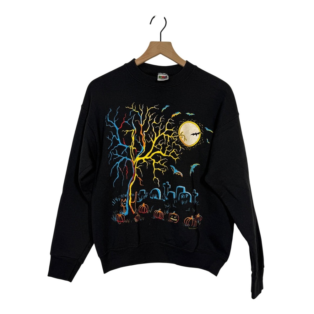 Vintage 90s Puff Paint Halloween Sweatshirt Womens Medium Black Grave Spooky